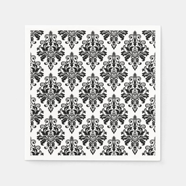 Elegant Black and White Damask Pattern Napkin (Front)