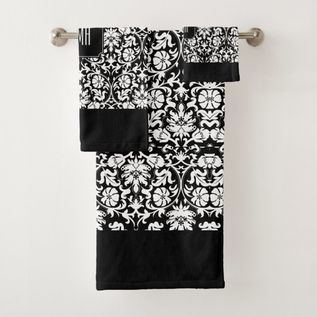 Elegant Black and White Damask Patterns Bath Towel Set (Insitu)
