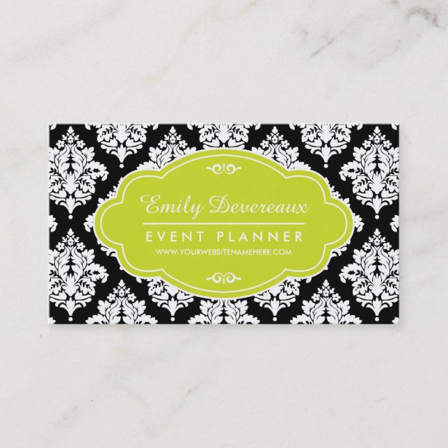 Elegant Black and White Damask Personalized Business Card (Front)