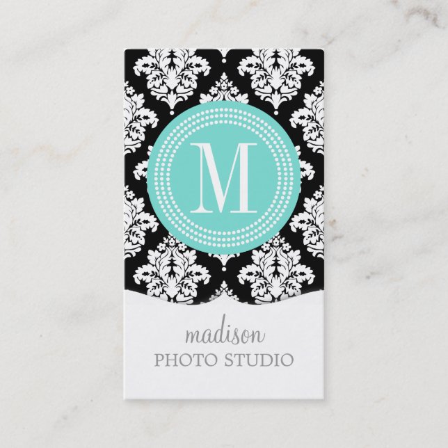 Elegant Black and White Damask Personalized Business Card (Front)