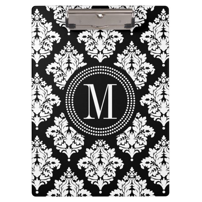 Elegant Black and White Damask Personalized Clipboard (Front)