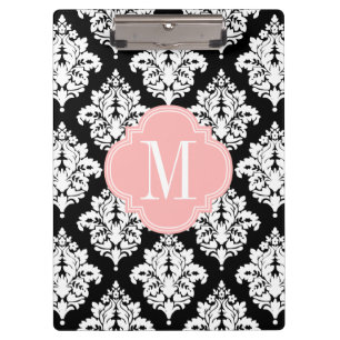 Elegant Black and White Damask Personalized Clipboard