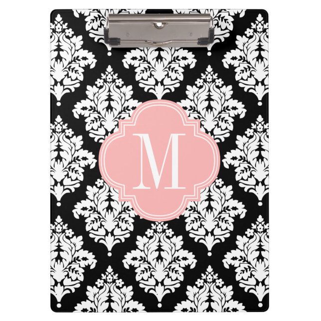 Elegant Black and White Damask Personalized Clipboard (Front)