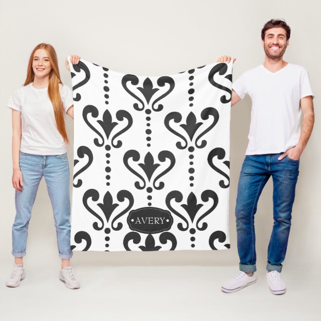Elegant Black and White Damask Personalized Fleece Blanket (In Situ)