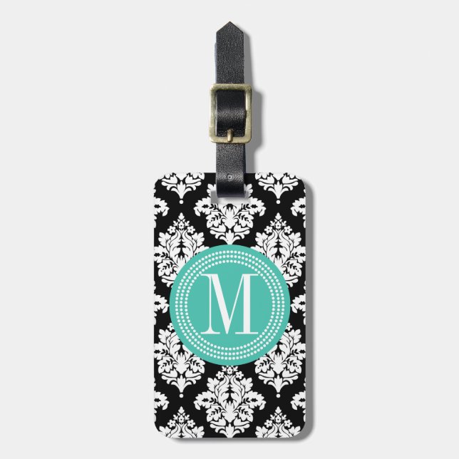 Elegant Black and White Damask Personalized Luggage Tag (Front Vertical)