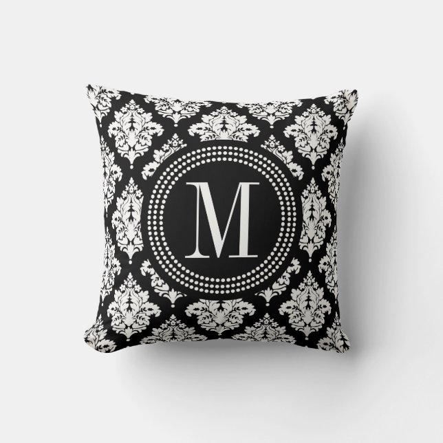 Elegant Black and White Damask Personalized Throw Pillow (Front)