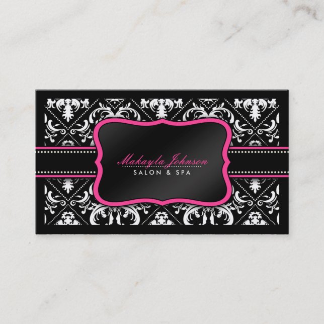 Elegant Black and White Damask Salon and Spa Business Card (Front)