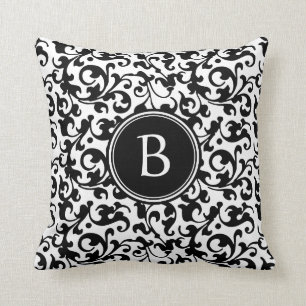 Elegant Black and White Damask Scroll Monogrammed Throw Pillow