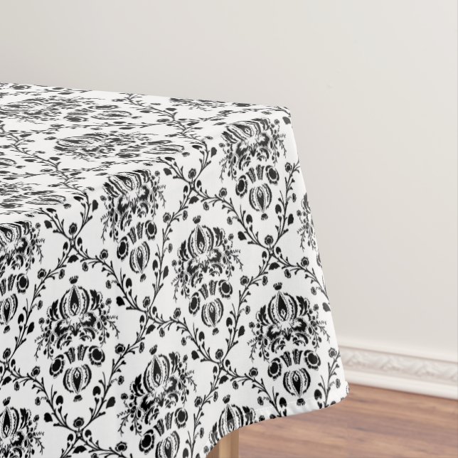 Elegant Black and White Damask Tablecloth (In Situ)