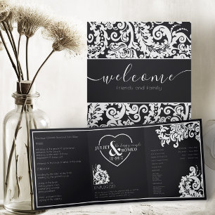 Elegant Black And White Damask Unplugged Wedding Tri-Fold Programme