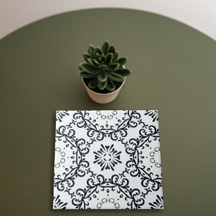Elegant Black and White Damask Victorian Pattern Tile