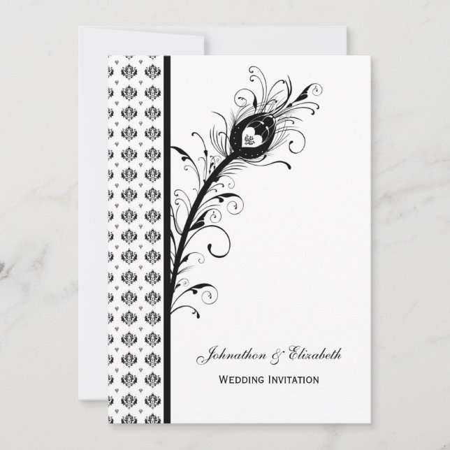 Elegant Black and White Damask Wedding Invitation (Front)