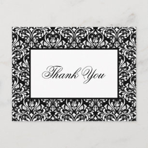 Elegant Black And White Damask Wedding Thank You Postcard