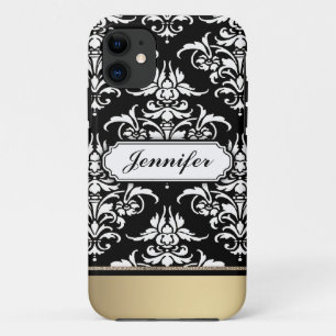 Elegant Black and White Damask with golden bottom iPhone 11 Case