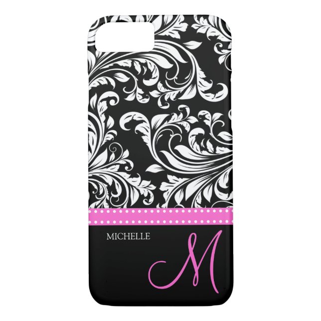 Elegant black and white Damask with Pink monogram Case-Mate iPhone Case (Back)