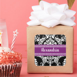 Elegant Black and White Damask with Purple Accents Square Sticker