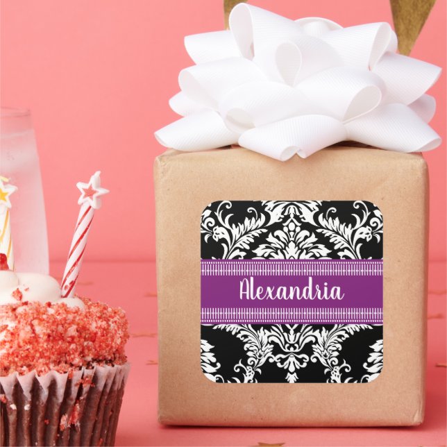 Elegant Black and White Damask with Purple Accents Square Sticker (Party)