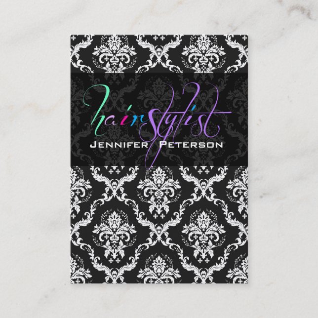Elegant Black And White Damasks Hair Stylist Card (Front)