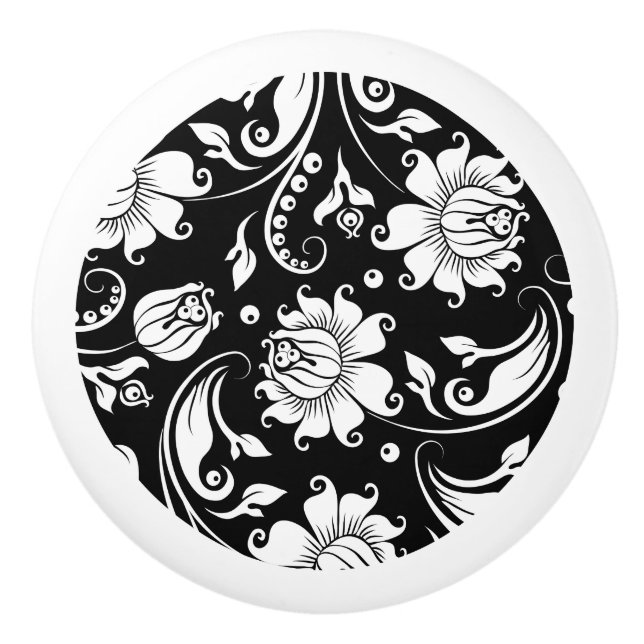 Elegant black and white damasks pattern ceramic knob (Front)