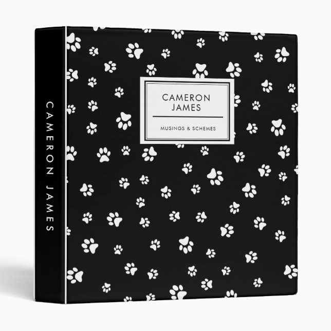 Elegant Black and White Dog Paw Prints Pattern Binder (Front/Spine)