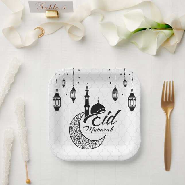 Elegant Black and White Eid Mubarak Paper Plate (Wedding)