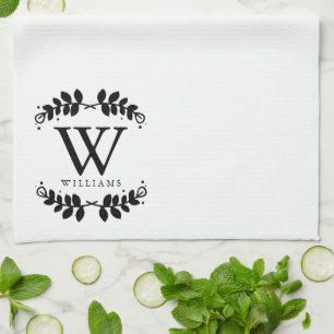 Elegant Black and White Family Monogram Kitchen Towel