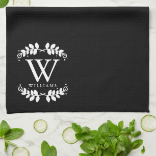Elegant Black and White Family Monogram Kitchen Towel