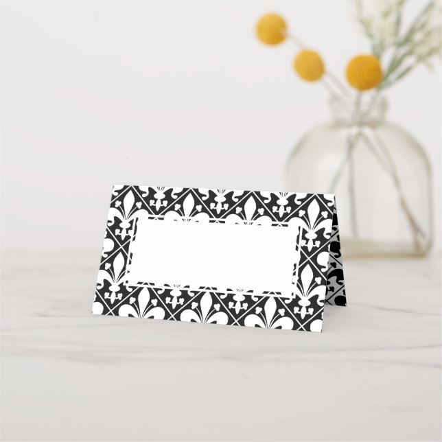 Elegant Black and White Fleur de Lys Dinner Table Place Card (Front)