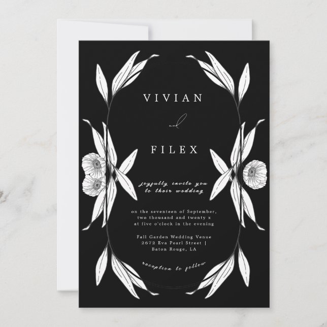 Elegant Black And White Floral Capsul Wedding Invitation (Front)