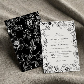 Elegant Black And White Floral Garden Wedding Invitation