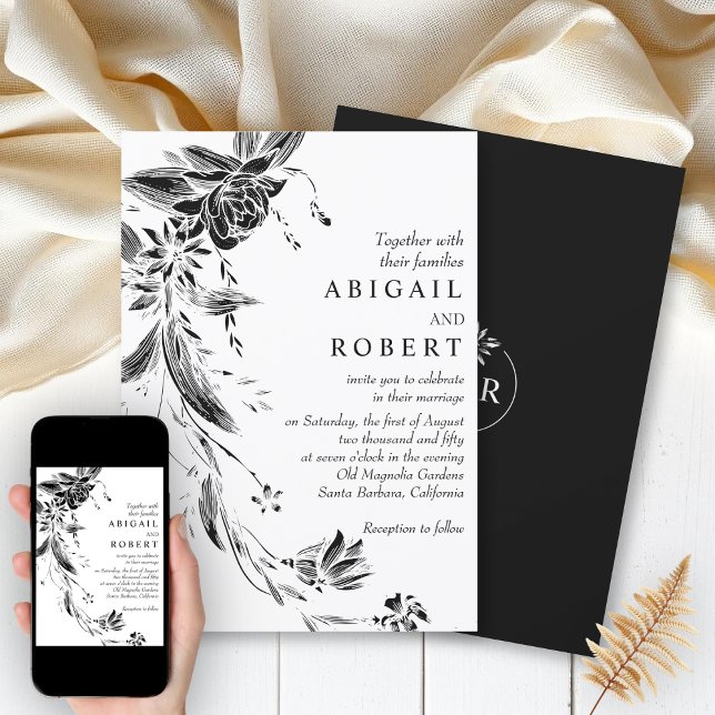 Elegant black and white floral garland wedding invitation (Creator Uploaded)