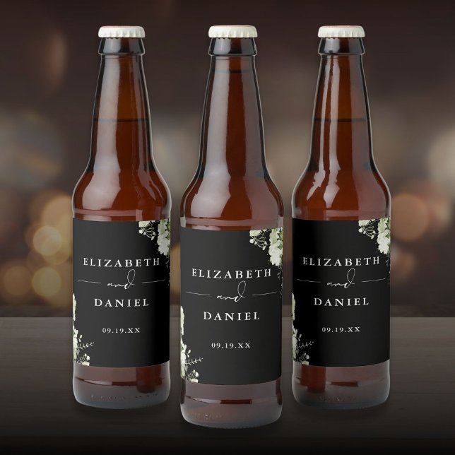 Elegant Black And White Floral Greenery Wedding Beer Bottle Label (Elegant Black And White Floral Greenery Wedding Beer Bottle Label)