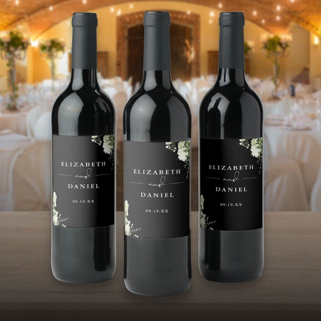 Elegant Black And White Floral Greenery Wedding Wine Label (Elegant Black And White Floral Greenery Wedding Wine Label)