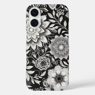 Elegant Black and White Floral Lace Pattern iPhone 16 Case