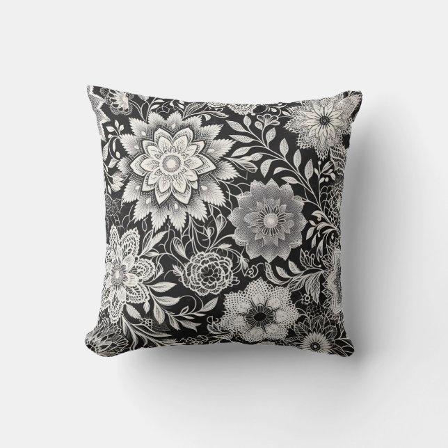 Elegant Black and White Floral Lace Pattern Throw Pillow (Front)