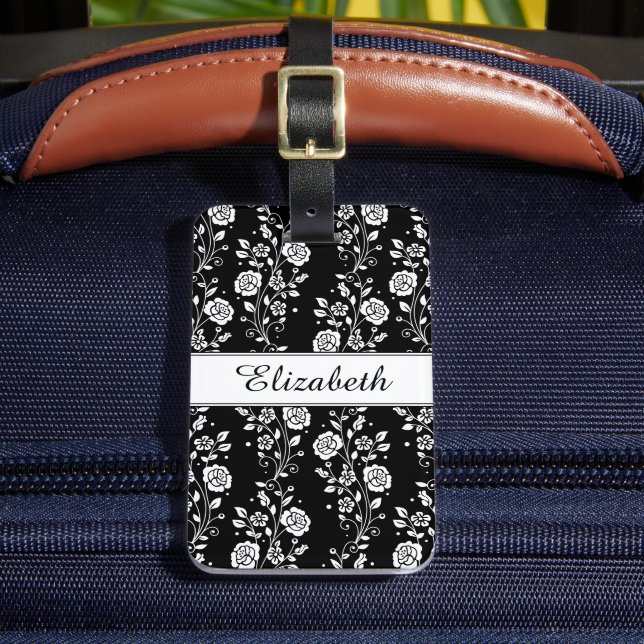 Elegant Black And White Floral Luggage Tag (Front Insitu 2)