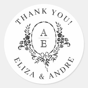 Elegant Black and White Floral Monogram Wedding Classic Round Sticker