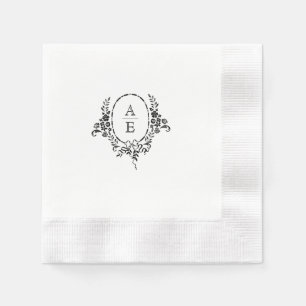 Elegant Black and White Floral Monogram Wedding Napkin