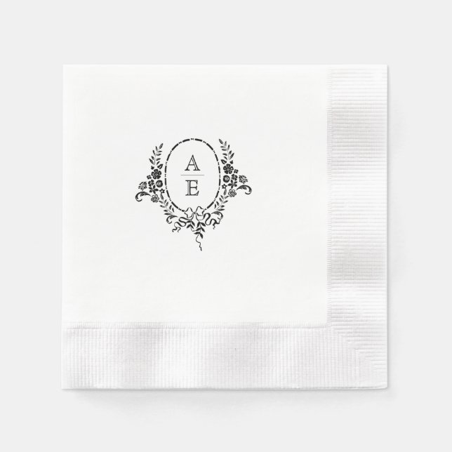 Elegant Black and White Floral Monogram Wedding Napkin (Front)