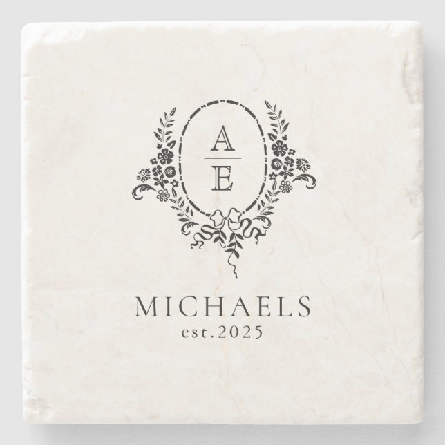 Elegant Black and White Floral Monogram Wedding Stone Coaster (Front)