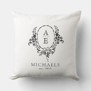 Elegant Black and White Floral Monogram Wedding Throw Pillow