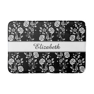 Elegant Black And White Floral Name Bath Mat