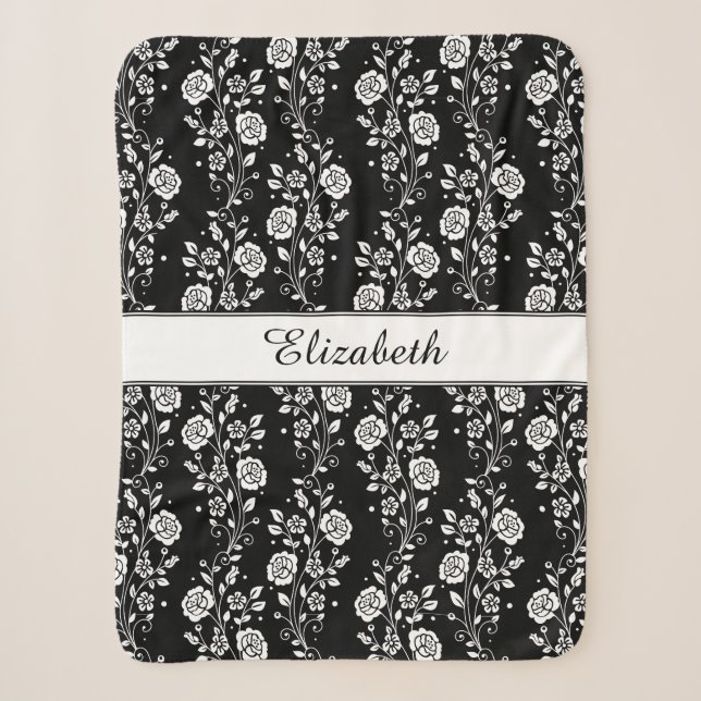 Elegant Black And White Floral Name Sherpa Blanket (Front)