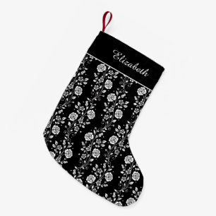 Elegant Black And White Floral Name Small Christmas Stocking
