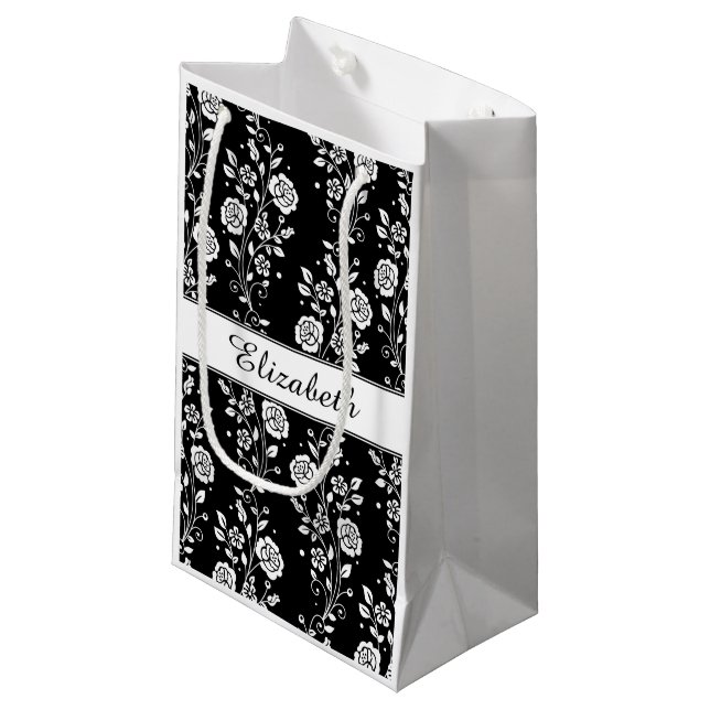 Elegant Black And White Floral Pattern Name Small Gift Bag (Front Angled)