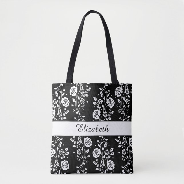 Elegant Black And White Floral Pattern Name Tote Bag (Front)