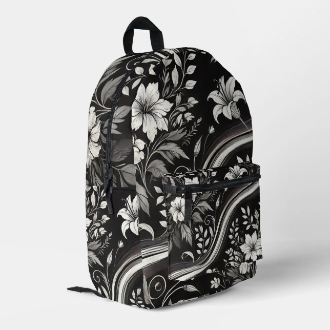Elegant Black and White Floral Pattern Printed Backpack (Back Corner Left)