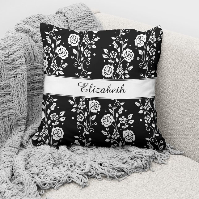 Elegant Black And White Floral Pattern Throw Pillow (Creator Uploaded)