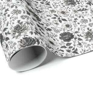Elegant Black and White Floral Pattern Tie  Wrapping Paper