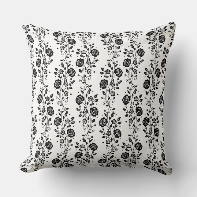 Elegant Black And White Floral Roses Pattern Throw Pillow (Front)